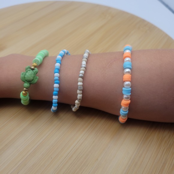 Other - Handmade Clay Bead Seed Bead Bracelet Set of 4 Summer Turtle Theme Kids Jewelry